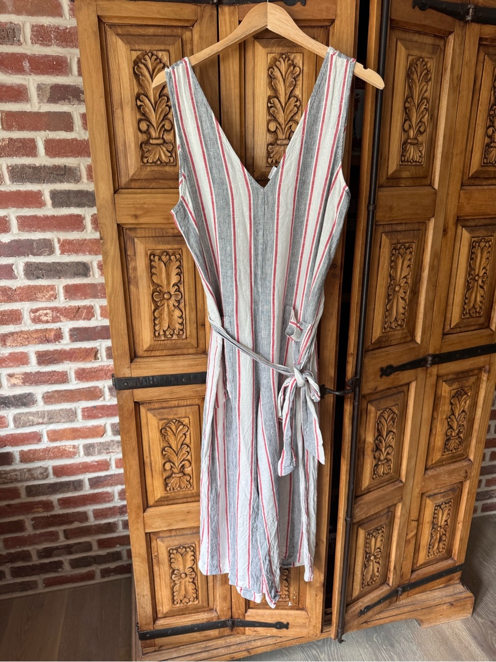 GAP Striped V-Neck Jumpsuit in Gray and Red